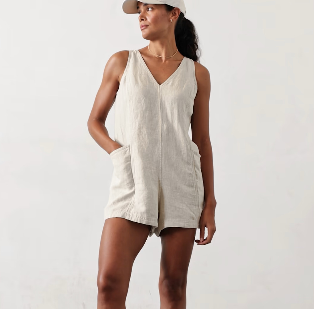 Athleta Retreat Cream Linen Cutout Tie Strap Romper Size Medium Casual
